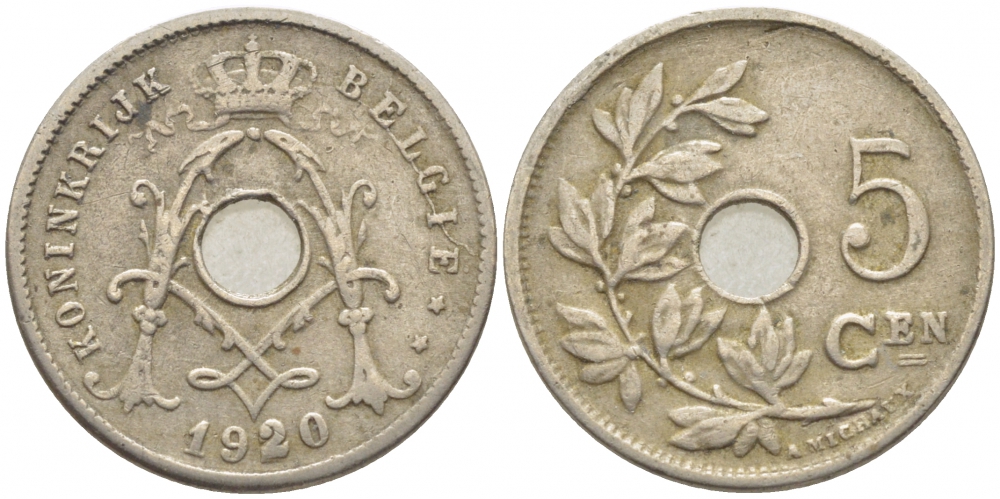 БЕЛЬГИЯ 5 САНТИМОВ 1920 BELGIE KM 67 медно-никель 112-233