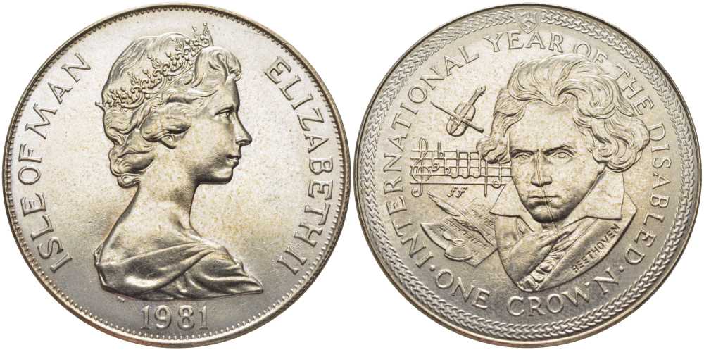 Остров Мэн 1 крона 1981 Международный год инвалидов, Бетховен КМ 78 медно-никель UNC 107-612