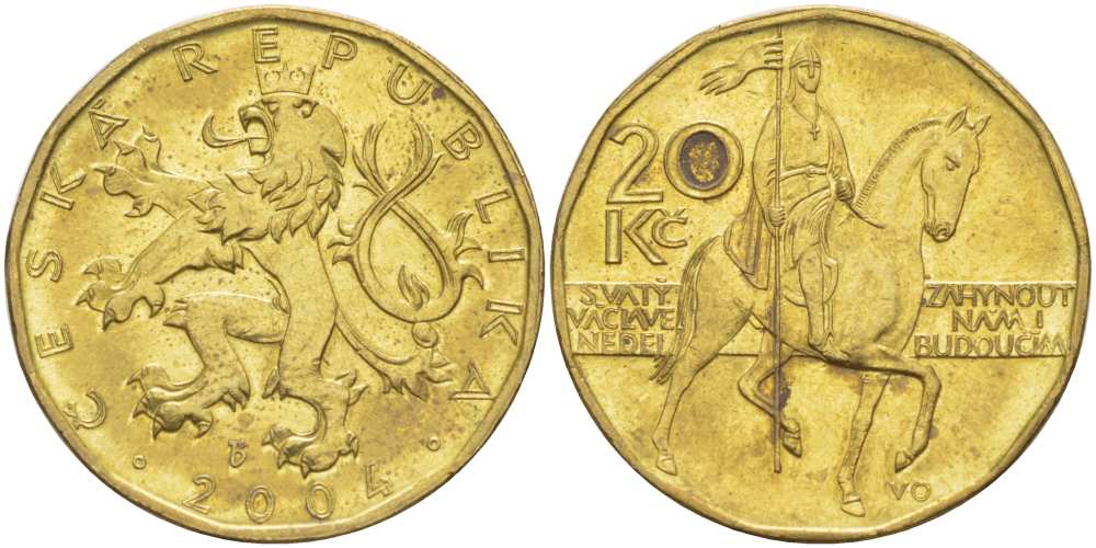 Чехия 20 крон 2004 чешский лев, герцог Вацлав на коне KM 5 сталь плакированная латунью 217-1032