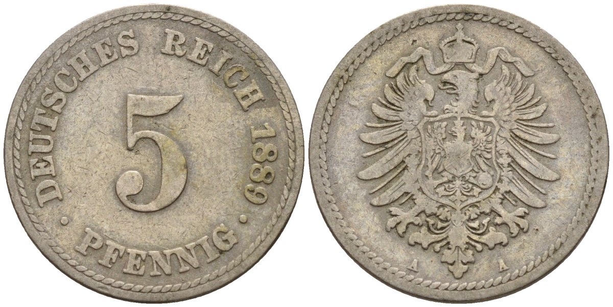 Германия 5 пфеннигов 1889 A, старогербовка KM 3, J. 3 медно-никель 4151-362