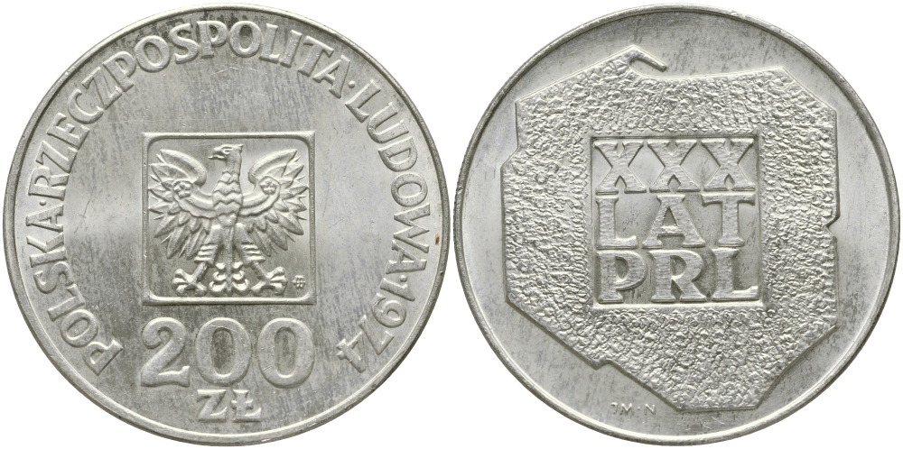 Польша 200 злотых 1974 MW, 30 лет Народной Республике KM 72, Parchimowicz 304а серебро UNC 441-1035