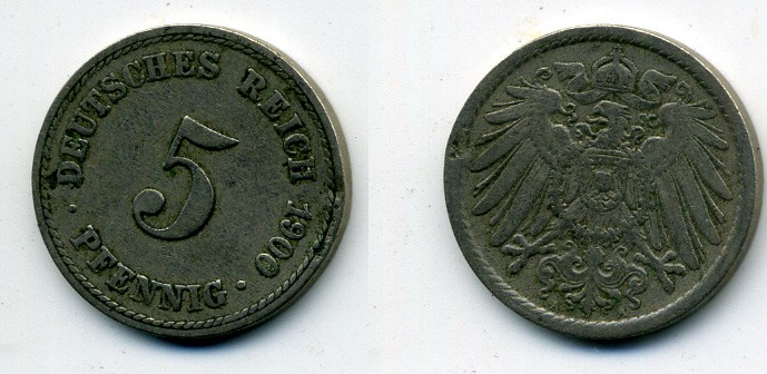 ГЕРМАНИЯ 5 ПФЕННИГОВ 1900 A, KM 11, J. 12 медно-никель 58-547