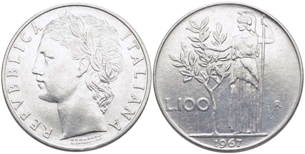ИТАЛИЯ 100 ЛИР 1967 R, АФИНА KM 96.1 нержавеющая сталь 109-1143