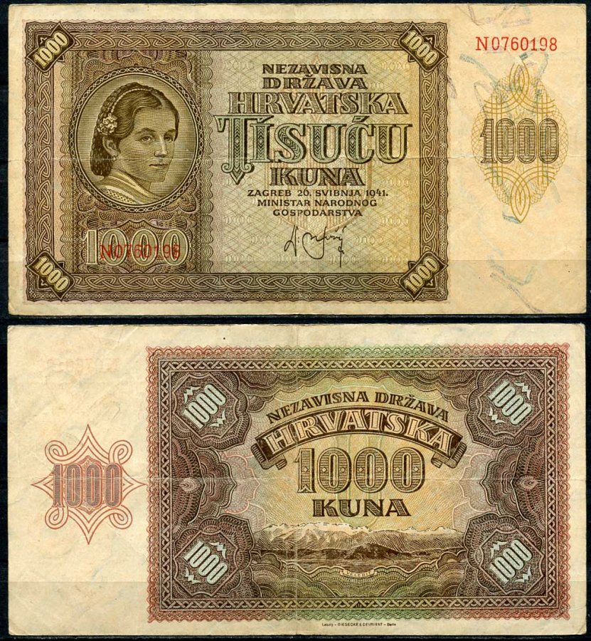Хорватия 1000 кун 1941 женщина, горы Велебит Pick 4 бумага 8619-2-2-2