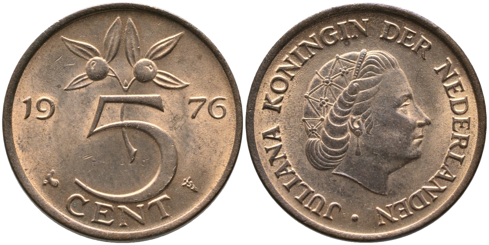 Нидерланды 5 центов 1976 Юлиана (1949-1980) KM 181 бронза 65-1221