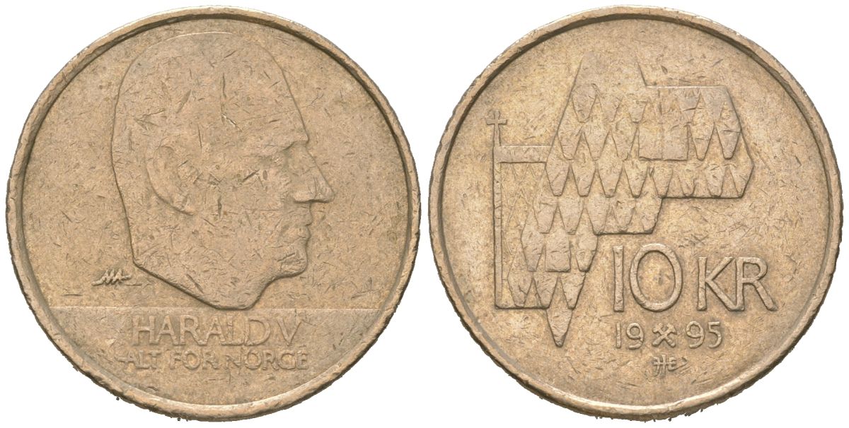 Норвегия 10 крон 1995 Харальд V (1991-) KM 457 никель латунь 94-434