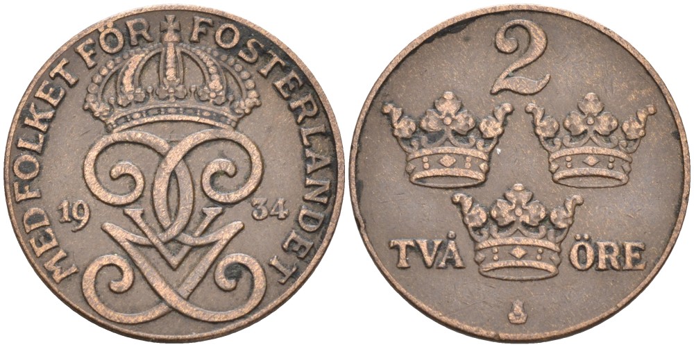 Швеция 2 эре 1934 Густав V (1907-1950) KM 778 бронза 63-1341