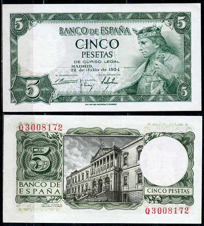 Испания 5 песет 1954 Альфонсо X, король Кастилии и Леона, дворец библиотек и музеев, Мадрид Pick 146 a  бумага  aUNC 8614-37-4-1