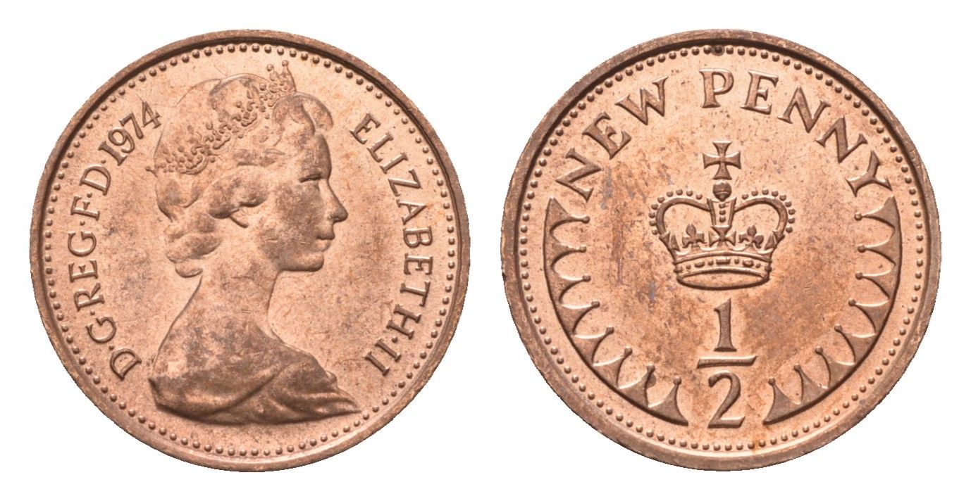 Великобритания 1/2 пенни 1974 Елизавета II (1952-2022) KM 914, Spink 4239 бронза UNC 4696-736