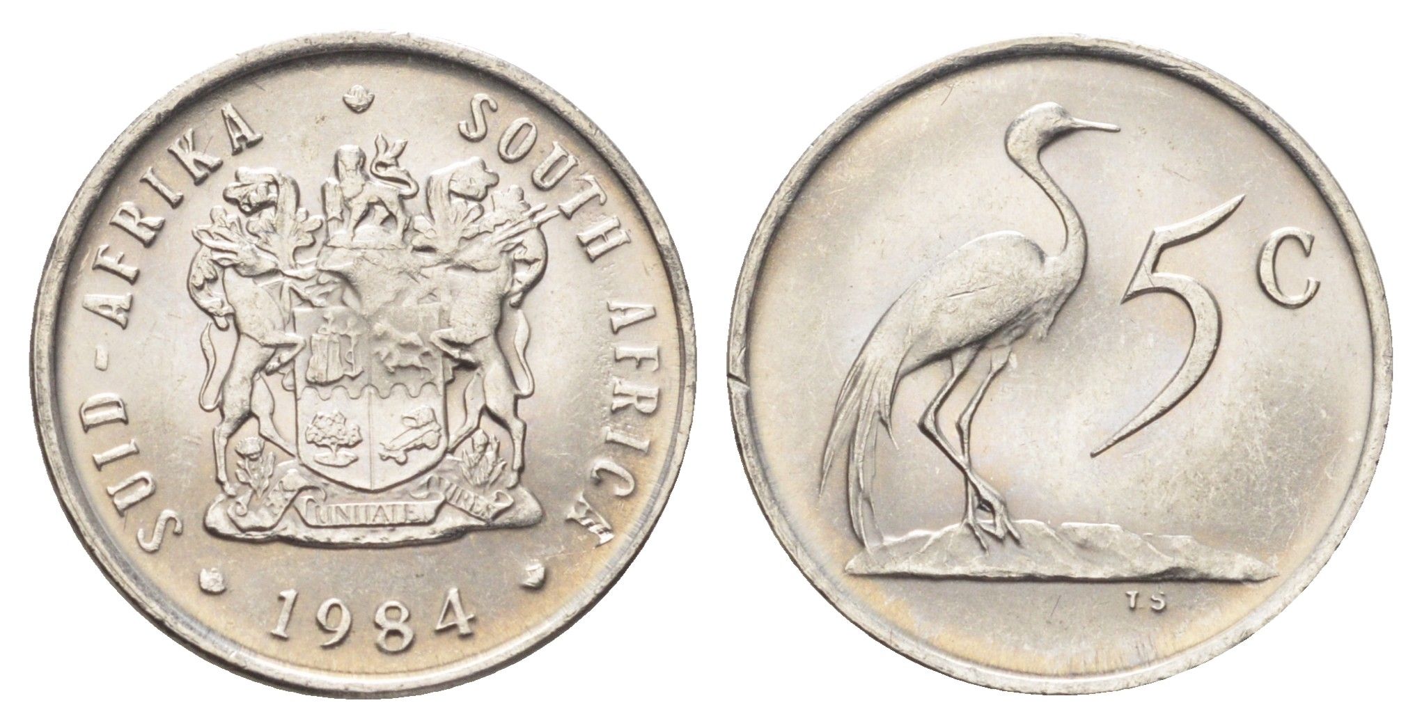 ЮАР 5 центов 1984 герб, райский журавль KM 84 никель UNC 4696-964
