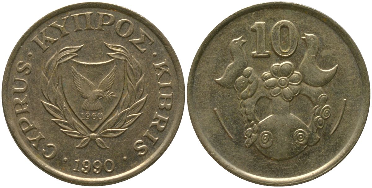 Кипр 10 центов 1990 KM 56.2 никель латунь 4380-257