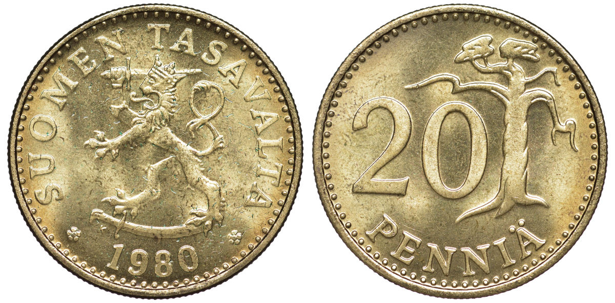 Финляндия 20 пенни 1980 K KM 47 алюминиевая бронза UNC 259-543