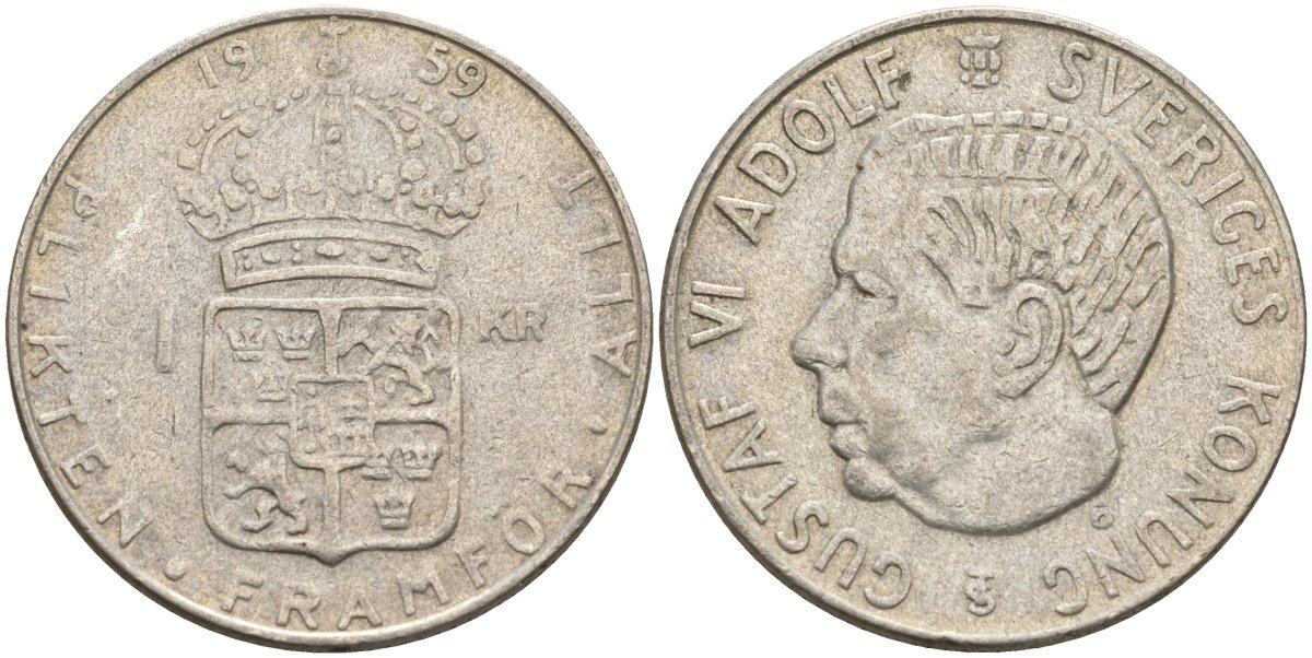 Швеция 1 крона 1959 TS, Густав VI Адольф (1950-1973) KM 826 серебро 4150-111