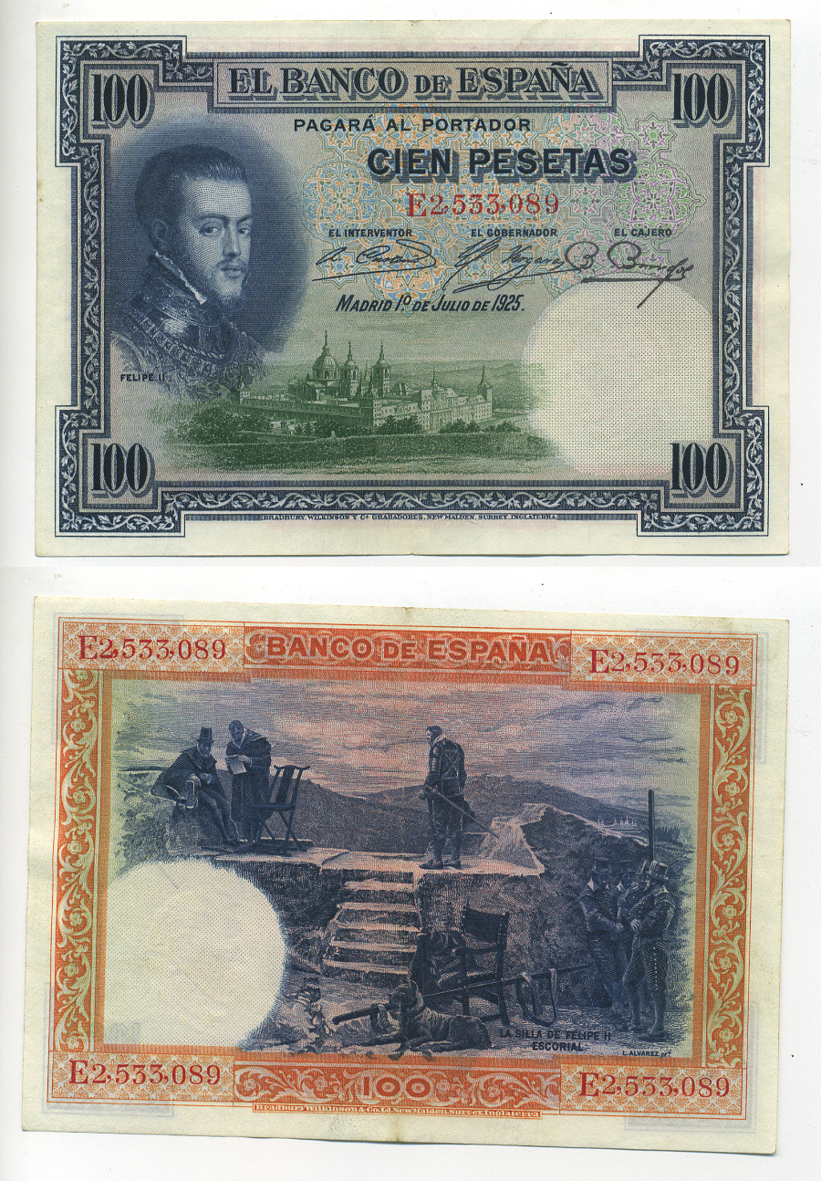 ИСПАНИЯ 100 ПЕСЕТ 1936 СЕРИЯ Е 2533089, 12 ИЮЛЯ 1925, ФИЛИПП II, СТУЛ ФИЛИППА II ЭСКОРИАЛ Pick 69c бумага 6278-16-2