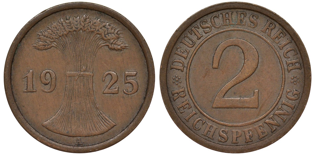 Германия 2 рейхспфеннига 1925 A KM 38, J.314, Weege 4 бронза 4164-443