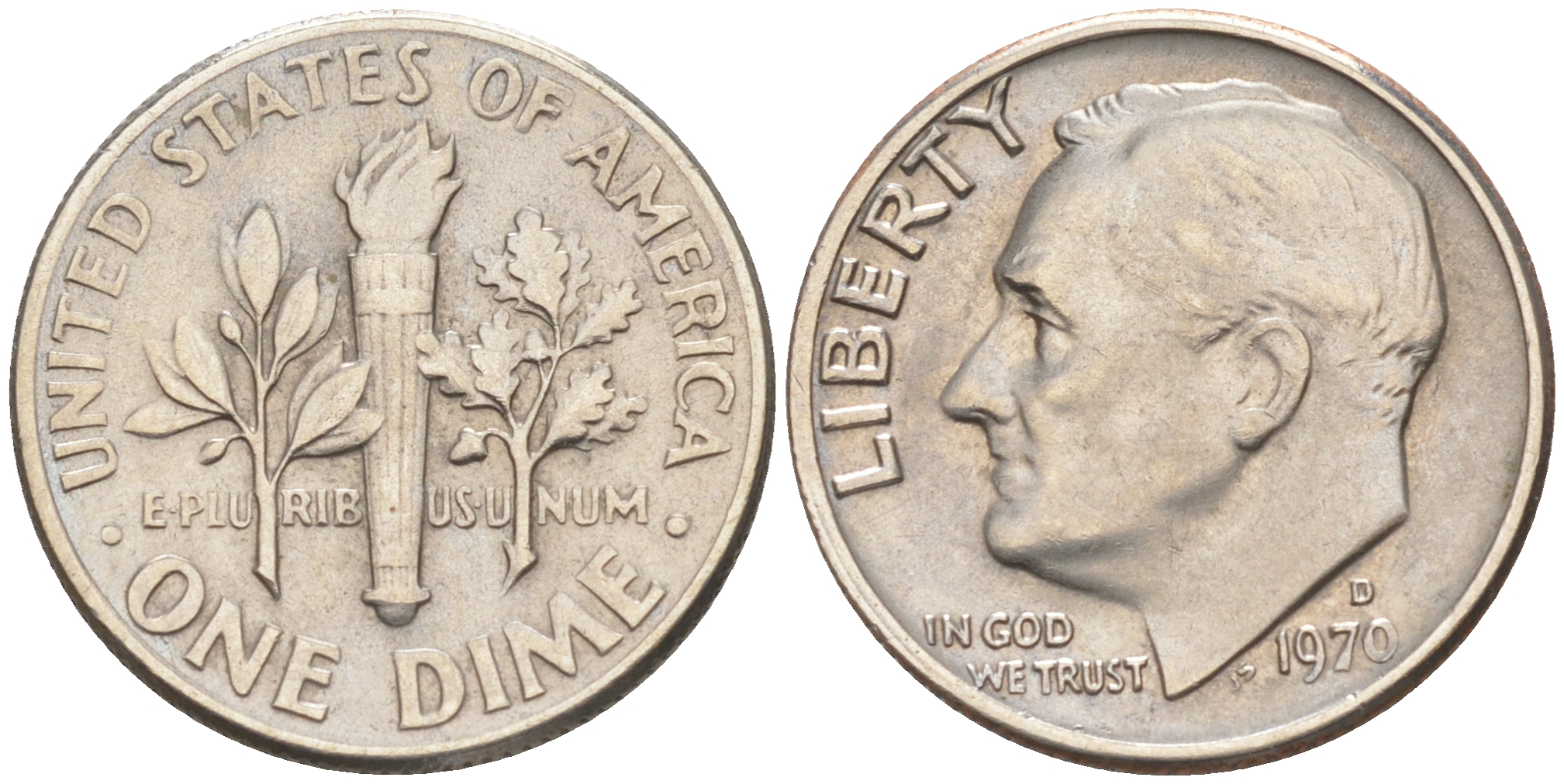 США 10 ЦЕНТОВ = 1 ДАЙМ 1970 D, РУЗВЕЛЬТ KM 195a медь плакированная медно-никелем 188-418