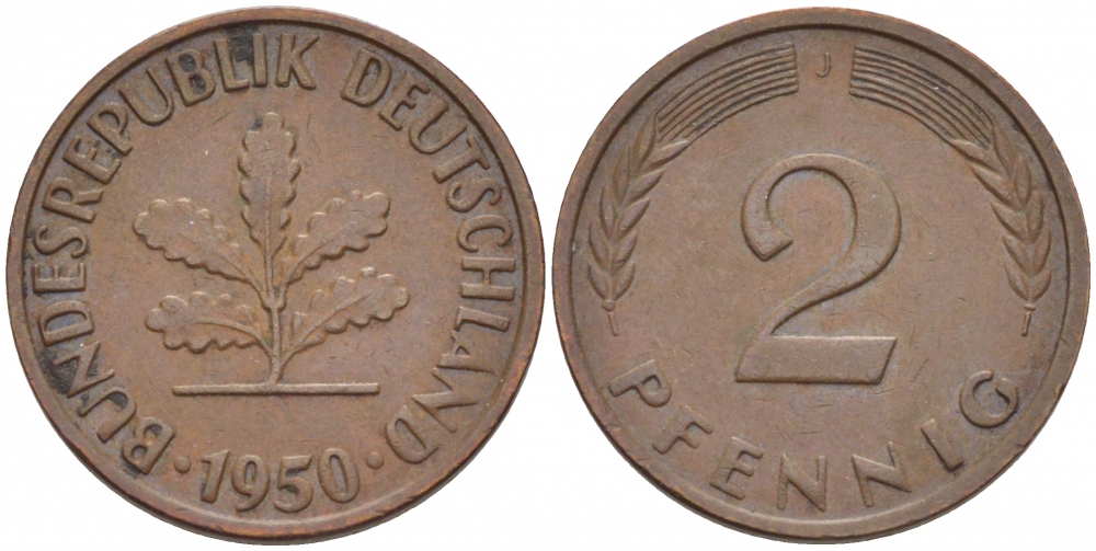 ФРГ 2 ПФЕННИГА 1950 J KM 106, J. 381 бронза 112-929