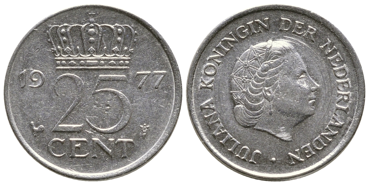 Нидерланды 25 центов 1977 Юлиана (1948-1980) KM 183 никель 4383-1118