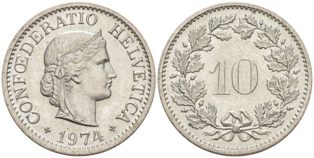 Швейцария 10 раппенов 1974 KM 27 медно-никель 55-454