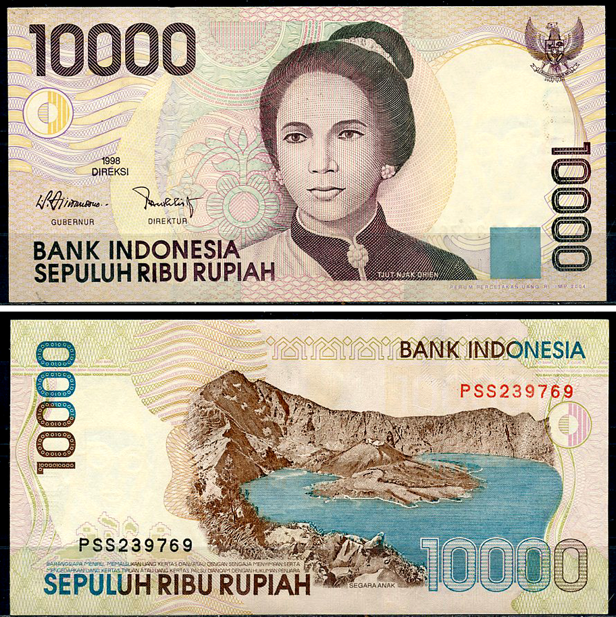 Индонезия 10000 рупий 1998/2004 Кут Няк Диен, Сегара-Анак вулканическое озеро Pick 137 g  бумага  UNC (пресс) 7200-21-3