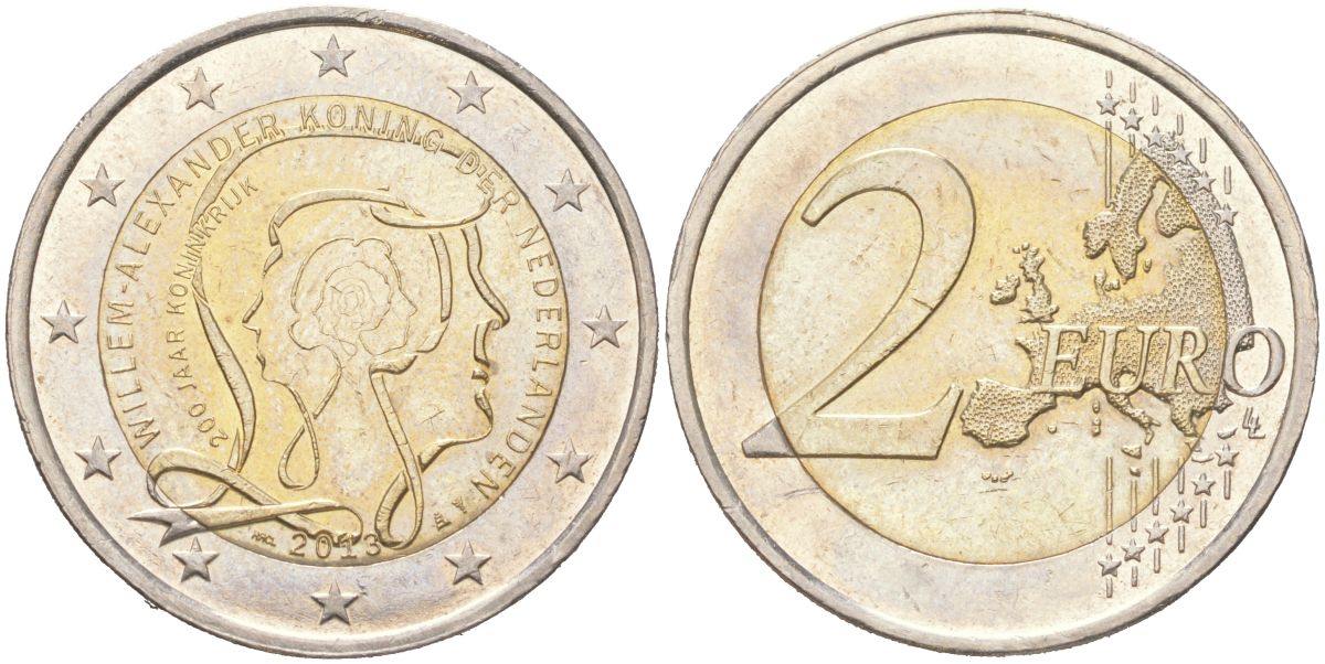 Нидерланды 2 евро 2013 200 лет Королевству KM 324 биметал aUNC 4155-156