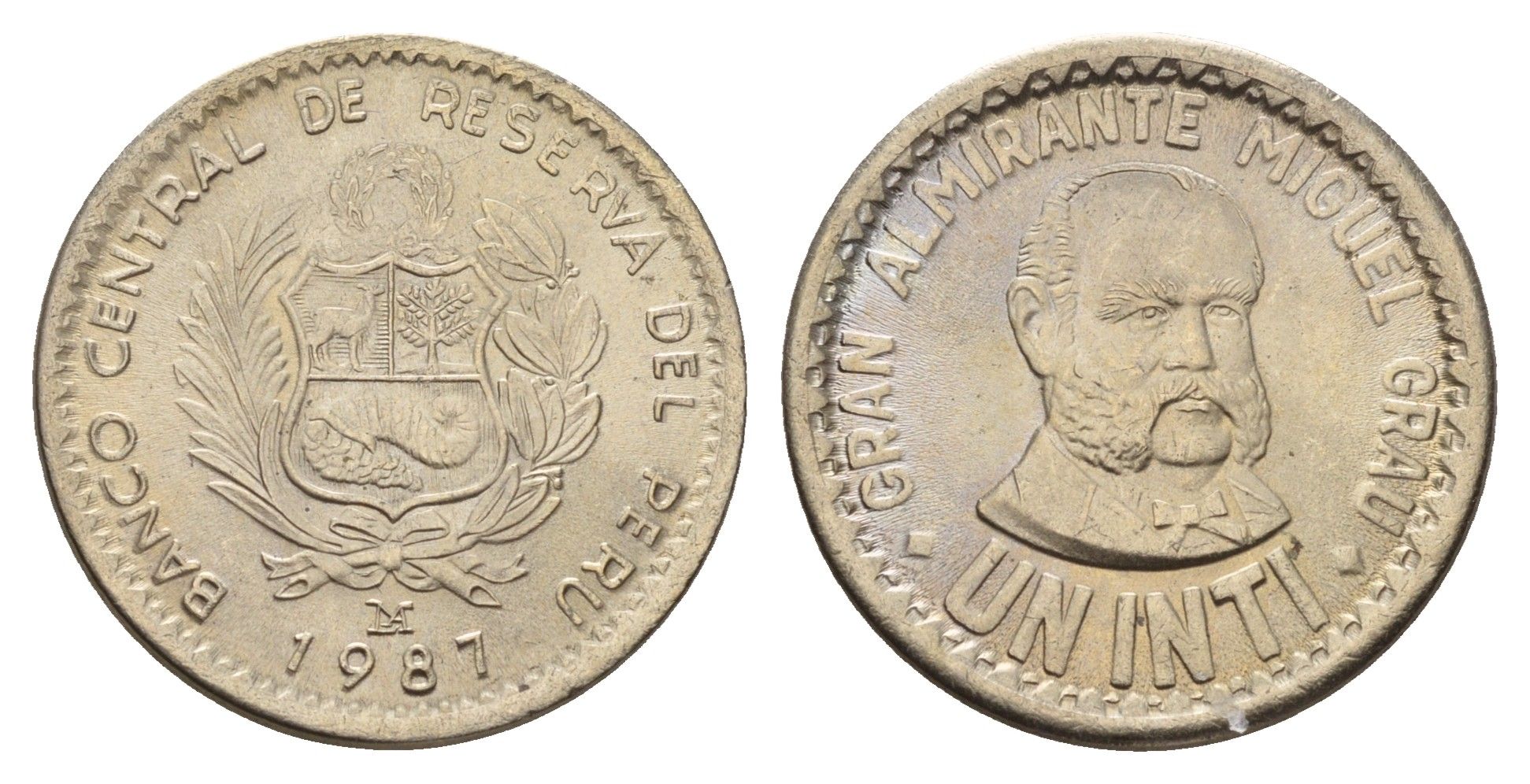 Перу 1 инти 1987 LIMA, Мигель Грау KM 296 медно-никель UNC 3334-637