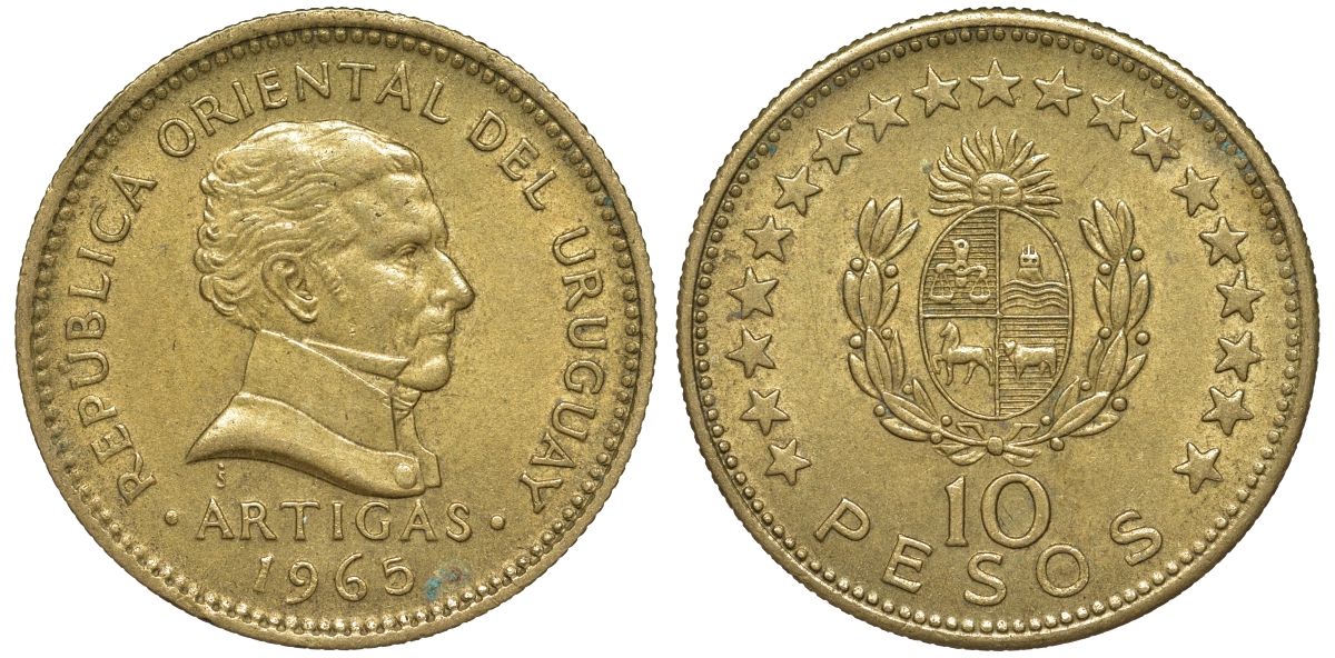 Уругвай 10 песо 1965 KM 48 алюминиевая бронза 69-911
