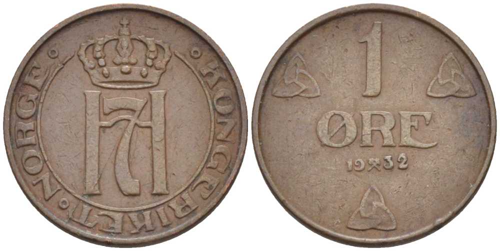 НОРВЕГИЯ 1 ЭРЕ 1932 ХОКОН VII (1905-1957) KM 367 бронза 116-1055