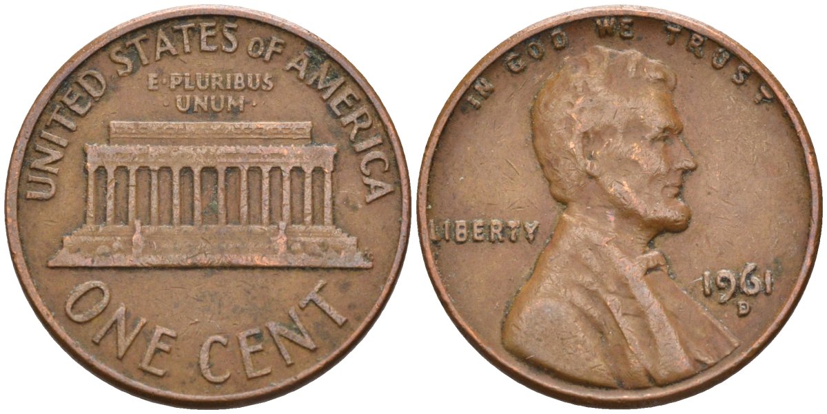 США 1 цент 1961 D, Авраам Линкольн KM 201 медь цинк 4115-826