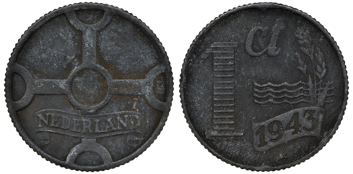 НИДЕРЛАНДЫ 1 ЦЕНТ 1943 ВИЛЬГЕЛЬМИНА (1890-1948) KM 170 цинк 72-1627