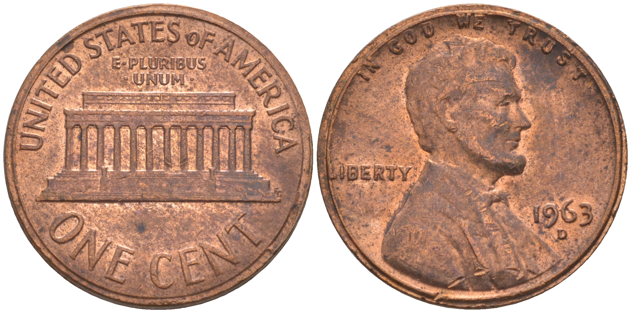 США 1 ЦЕНТ 1963 D, ЛИНКОЛЬН KM 201 медь цинк 187-1147