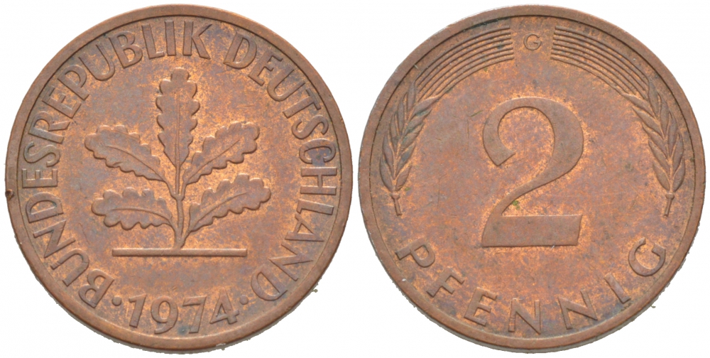 ФРГ 2 ПФЕННИГА 1974 G KM 106a, J.381a сталь плакированная сталь плакированная медьюю 3955-656