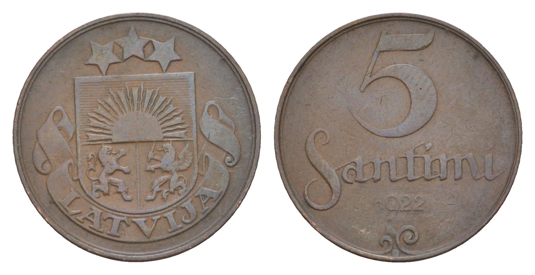 Латвия 5 сантимов 1922 KM 3 бронза 4658-1167