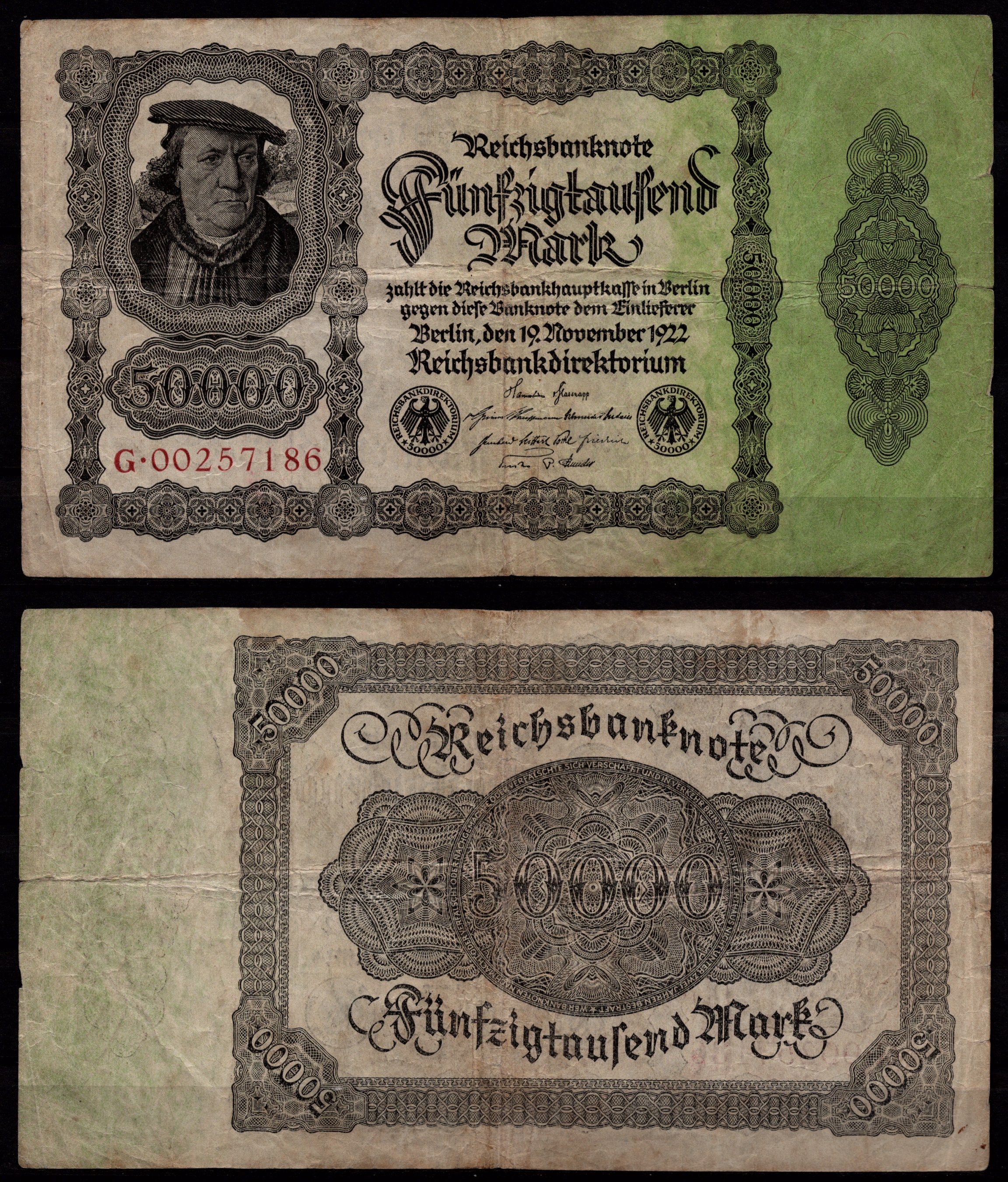 Германия 50000 марок 1922 Бюргермейстер (мэр) Браувайлер (автор: Б. Брюйн) Pick 79 бумага 7547-21-1-1