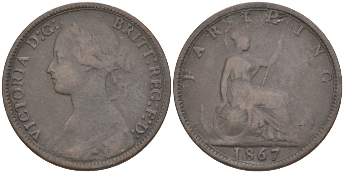 Великобритания 1 фартинг 1867 Виктория (1837-1901) KM 747.2, Spink 3958 бронза 3955-1255