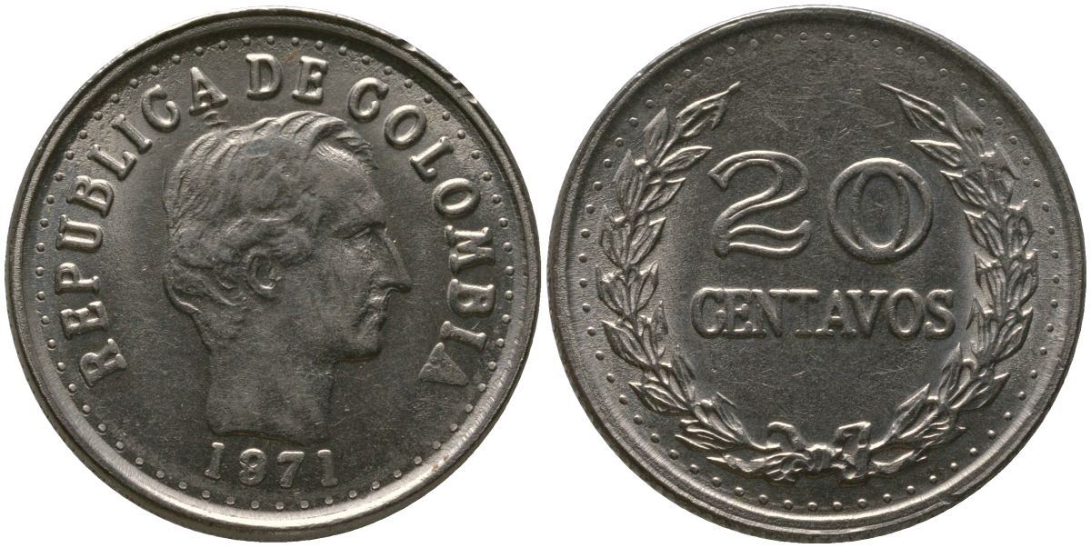 Колумбия 20 сентаво 1971 KM 246 сталь плакированная никелем 4529-632