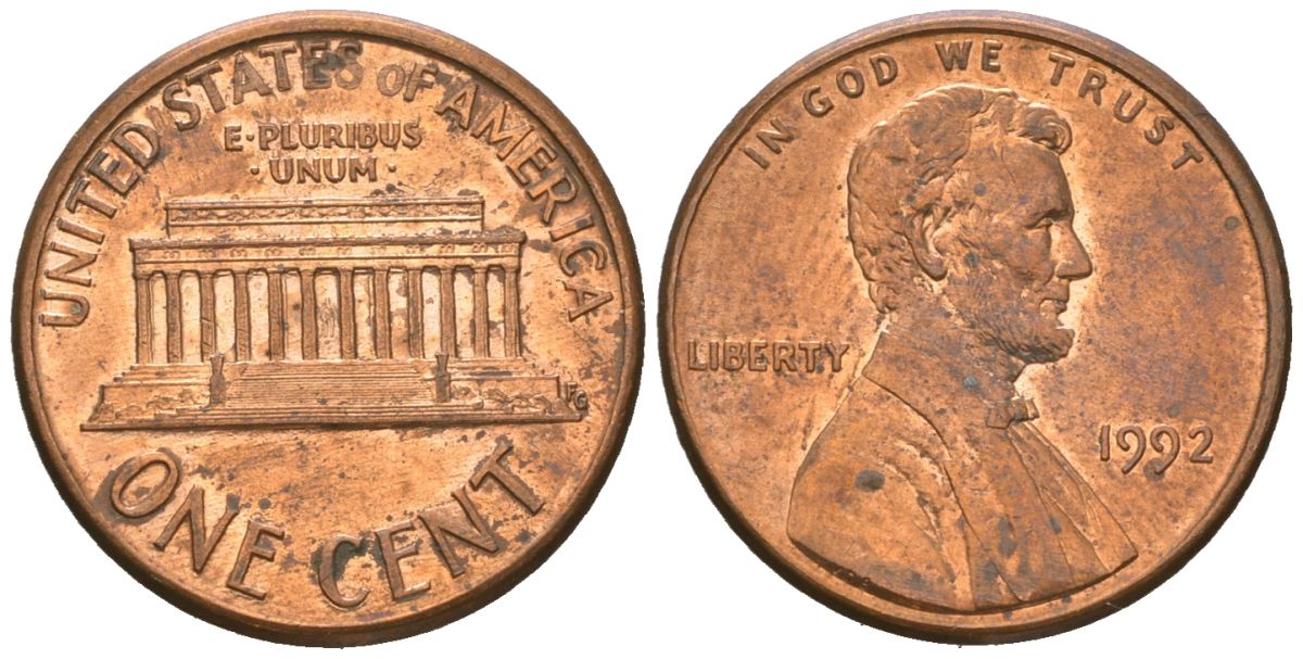 США 1 цент 1992 Авраам Линкольн KM 201b цинк плакированная медью aUNC 220-1016