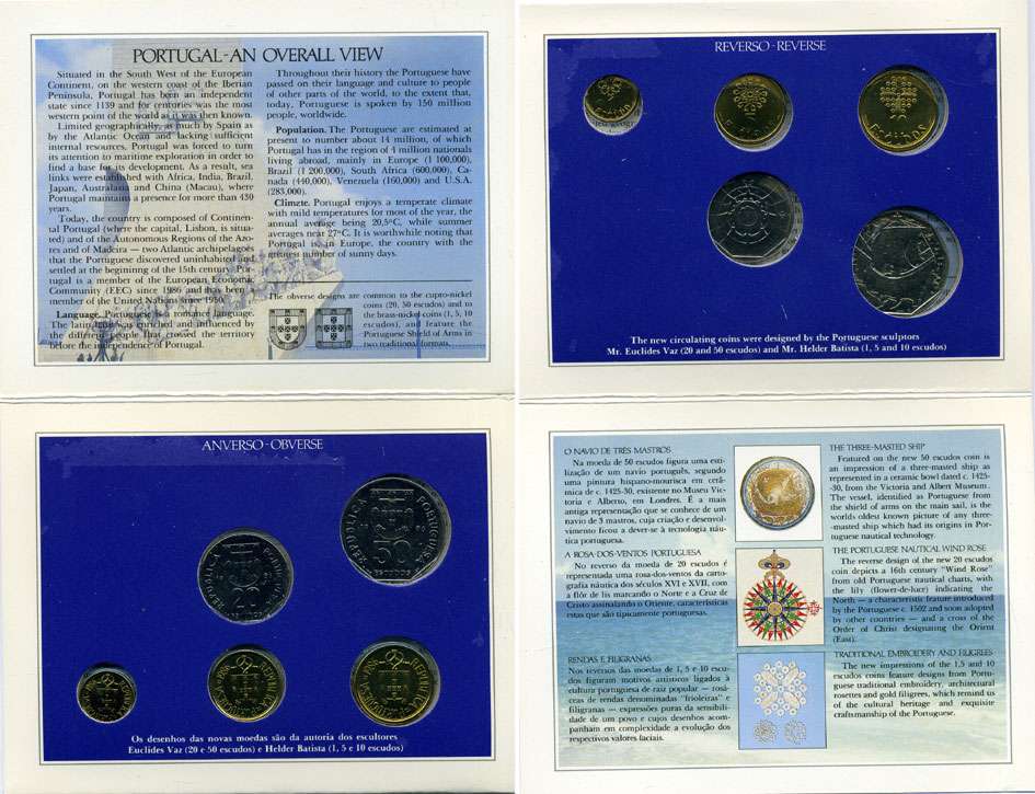 Португалия набор из 5 монет 1986 в оригинальном картонном буклете, первый год выпуска, тираж 50000 экз. KM MS7 (KM 631-634, 636) BUNC 5-4-3-29