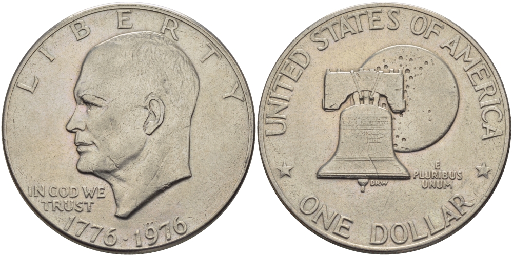США 1 доллар 1976 200 лет независимости, Президент Эйзенхауэр, колокол, тип 1 KM 206 медь плакированная медно-никелем 118-713