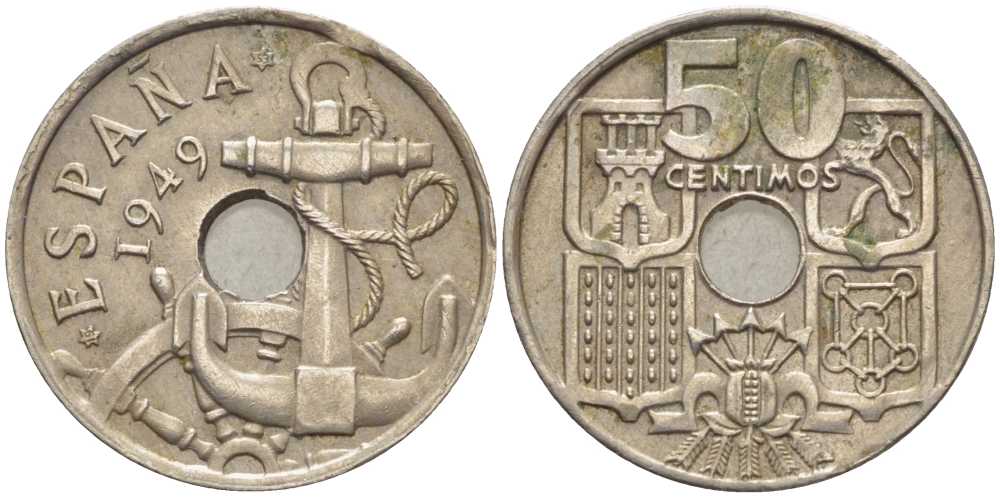 ИСПАНИЯ 50 СЕНТИМО 1949 (53) ФРАНСИСКО ФРАНКО ДИКТАТОР ИСПАНИИ (1939-1975), МОРСКАЯ АТРИБУТИКА KM 777 медно-никель 119-914