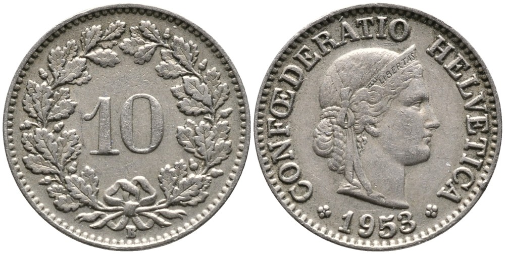 ШВЕЙЦАРИЯ 10 РАППЕНОВ 1953 В KM 27 медно-никель 4539-446