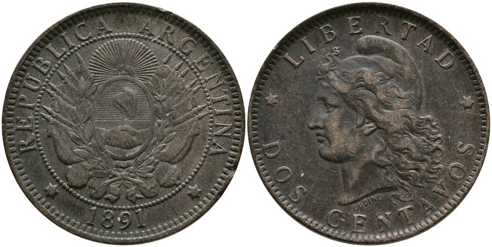 Аргентина 2 сентаво 1891 голова свободы влево KM 8 бронза 4531-1024