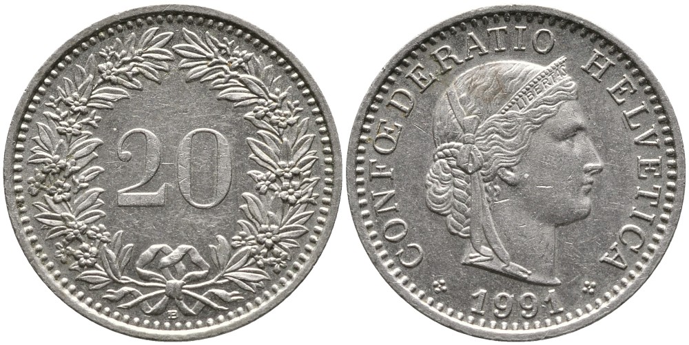 ШВЕЙЦАРИЯ 20 РАППЕНОВ 1991 В KM 29а медно-никель 4539-642