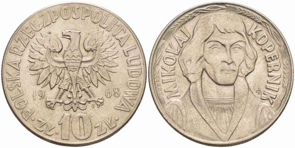 Польша 10 злотых 1968 MW, Николай Коперник KM 51а медно-никель 109-615