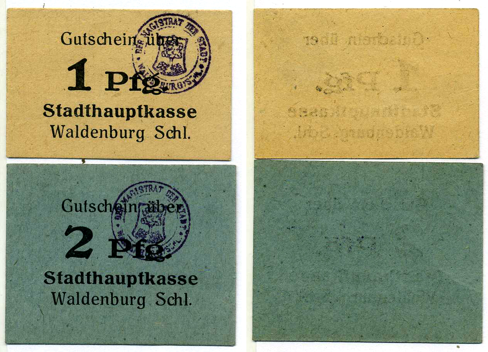 ВАЛЬДЕНБУРГ НАБОР ИЗ 2 БАНКНОТ 1920 НОТГЕЛЬД (1 И 2 ПФЕННИГА), ЗЕМЛЯ БАДЕН-ВЮРТЕМБЕРГ Grabowski W4.6а, W4.6b картон 2193-7-3-1