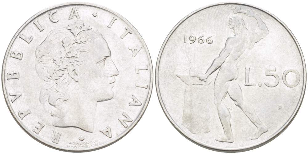 ИТАЛИЯ 50 ЛИР 1966 R, КУЗНЕЦ, ВУЛКАН БОГ ОГНЯ, ДИАМЕТР 25 ММ. KM 95.1 нержавеющая сталь 4390-911