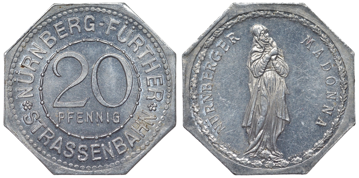 Германия, Нюрнберг - Фюрт 20 пфеннигов ND трамвайный жетон, мадонна алюминий UNC 4119-721