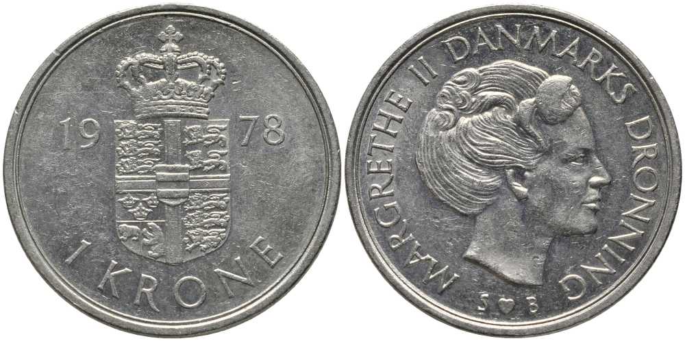 ДАНИЯ 1 КРОНА 1978 S; B, МАРГРЕТЕ II (1972-) KM 862.1 медно-никель 28-145