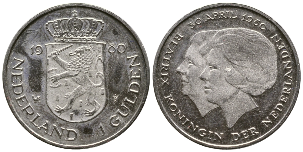 Нидерланды 1 гульден 1980 на коронацию Беатрикс, 30 апреля 1980 KM 200 никель 177-257
