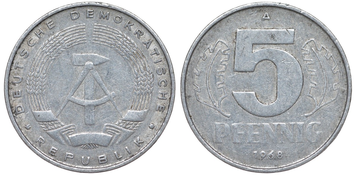ГДР 5 ПФЕННИГОВ 1968 A KM 9.1 алюминий 62-123